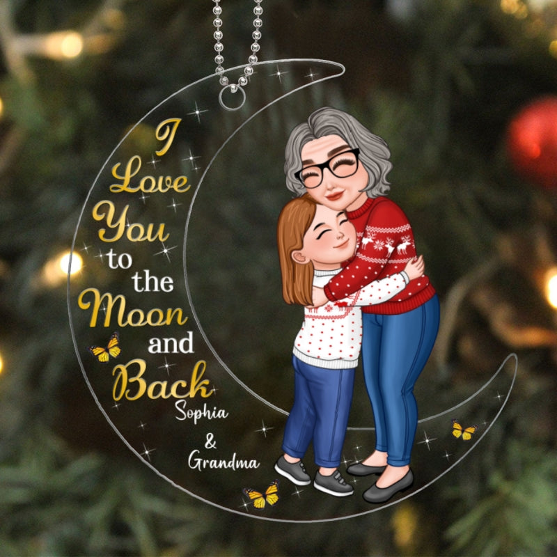Grandma & Granddaughter Grandson Hugging On Moon Personalized Acrylic Ornament